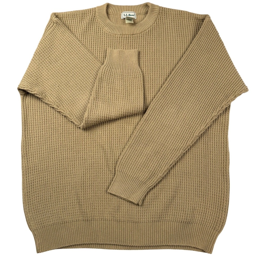 LL Bean Mens Tall XL Waffle Knit Cotton Sweater Tan Khaki Crewneck 0KL41